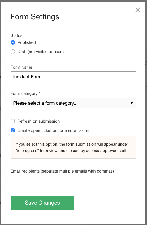 Create open ticket on form submission