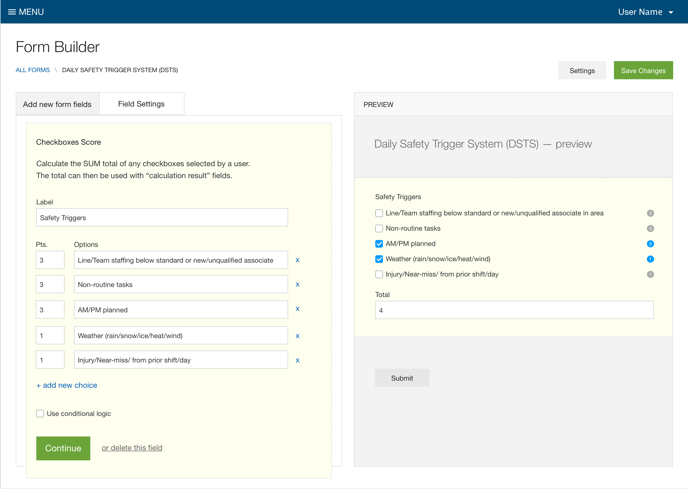 checkbox scoring